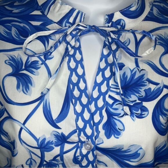 LINA TOMEI Italy Long Sleeve Cotton Baroque Drop Waist Dress Blue Floral M NWT - Picture 11 of 13